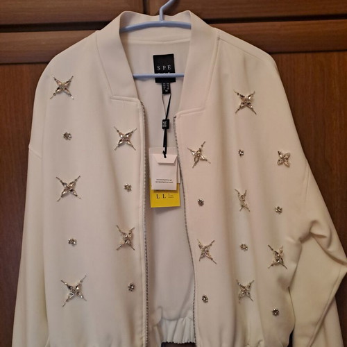 Access bomber jacket white, new, oversized fit with rhinestones