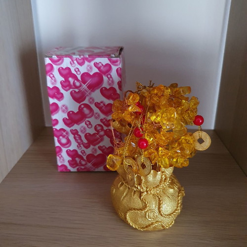 Feng Shui Tree with Chinese Lucky Coins in Gold Sack new
