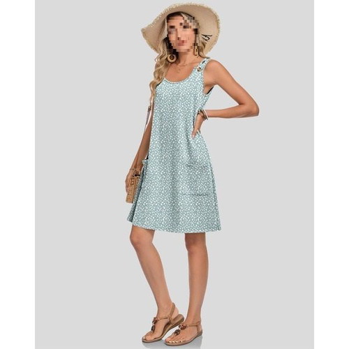 WNEEDU sleeveless summer dress with pockets, green pattern, XL