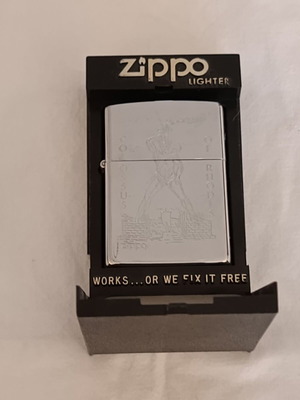 Zippo Colossus of Rhodes lighter used, laser engraved, made in USA