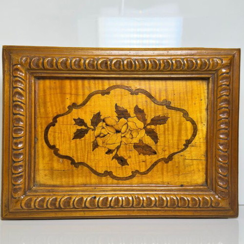 Vintage handmade wooden jewelry box used with carved floral marquetry