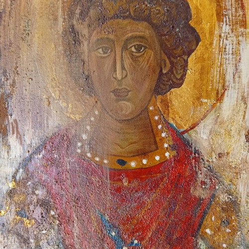 Saint Panteleimon Modern Icon with Sand and Gold Leaf, Like New, 40x70 cm