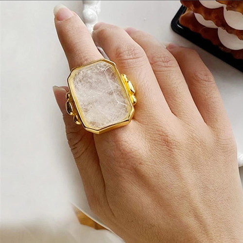Women's ring new with natural crystal, massive, jewelry alloy