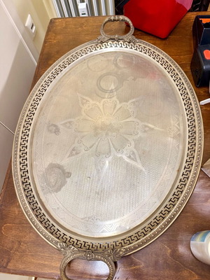 Large vintage metal serving tray used with Greek key design