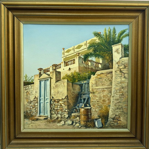 Oil painting by Antonis Voumbakis used, neoclassical island house