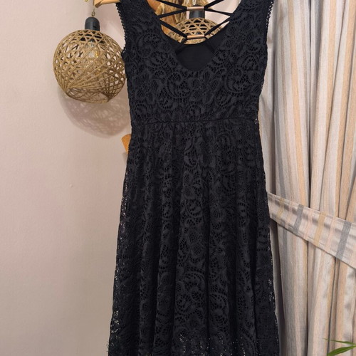 Black lace dress new, cloche silhouette, elegant back detail