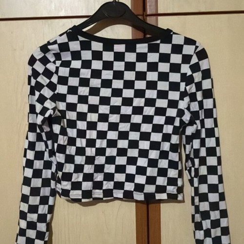 Crop top long sleeve black and white checkerboard Pink Woman new, small
