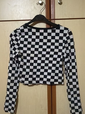 Crop top μακρυμάνικο ασπρόμαυρο σκακιέρα Pink Woman καινούργιο, small