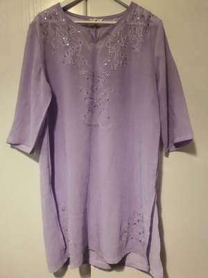 Loose transparent dress with embroidery and side slits, pastel purple, like new