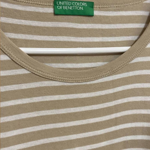 Benetton striped short-sleeve blouse with crew neck like new, beige and white, XL