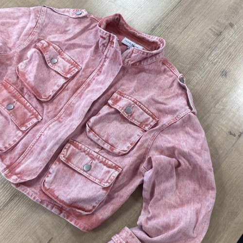 Fashion Nova Billie crop pink cargo jean jacket, acid wash with tie-dye effect
