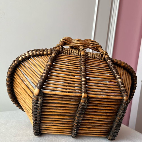 Vintage handmade basket from natural bamboo and rattan used