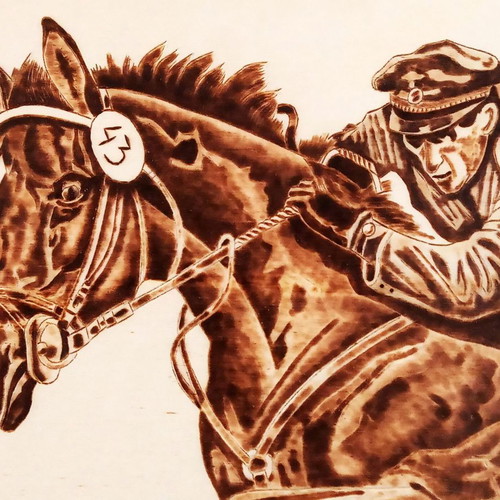 Horse Racing Pyrography Painting new on poplar wood