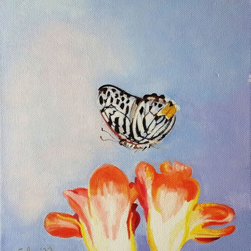 Oil painting "Butterfly and flowers on blue" new, canvas 0.25x0.30m