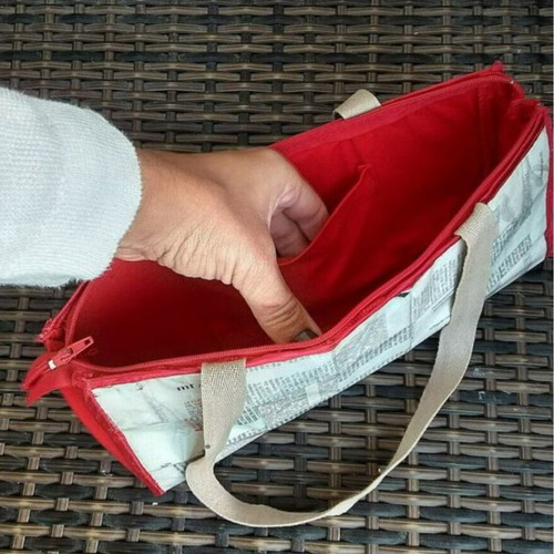 Handmade bag from magazine made to order, white and red