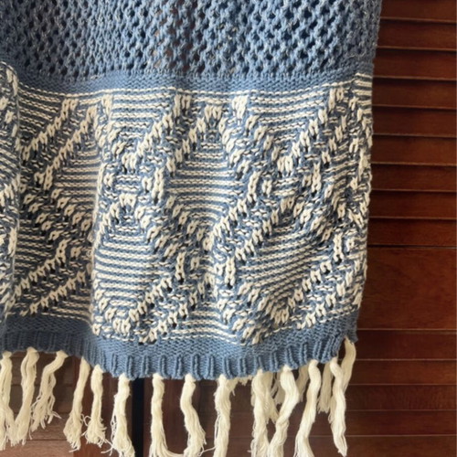 See U Soon Boho Knitted Kimono with Fringes One Size like new, blue and ecru