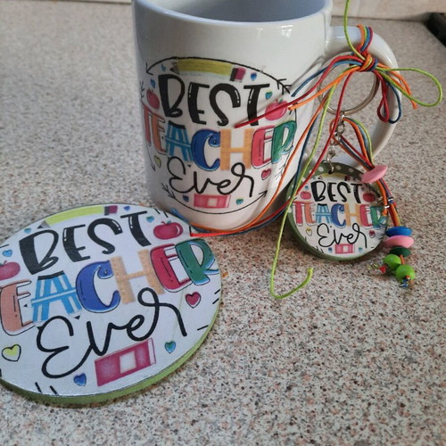 Gift mug for teacher with coaster and keychain, new
