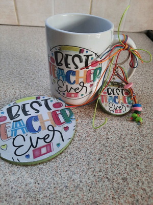 Gift mug for teacher with coaster and keychain, new