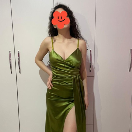 Satin dress green XS new with draped bust and slit
