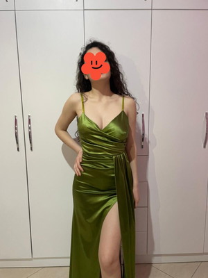 Satin dress green XS new with draped bust and slit