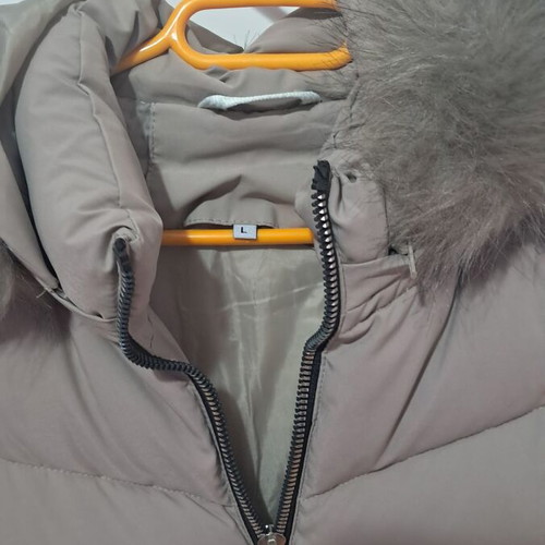 Quilted jacket with hood and fur trim like new, beige taupe