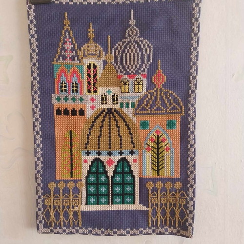 Hand Embroidered Church like new, unframed tapestry