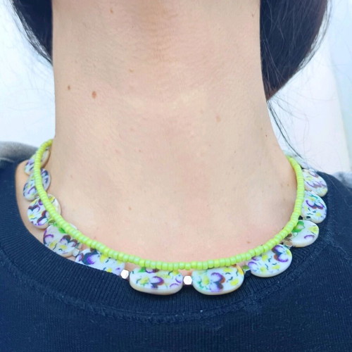Double handmade necklace mother of pearl hematite stainless steel 40cm