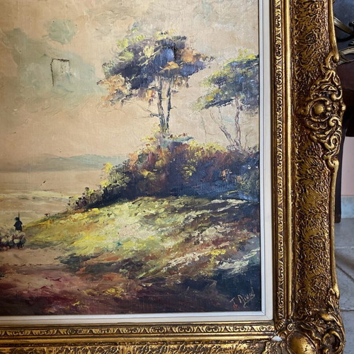 Bucolic oil painting used in frame, T.Linos