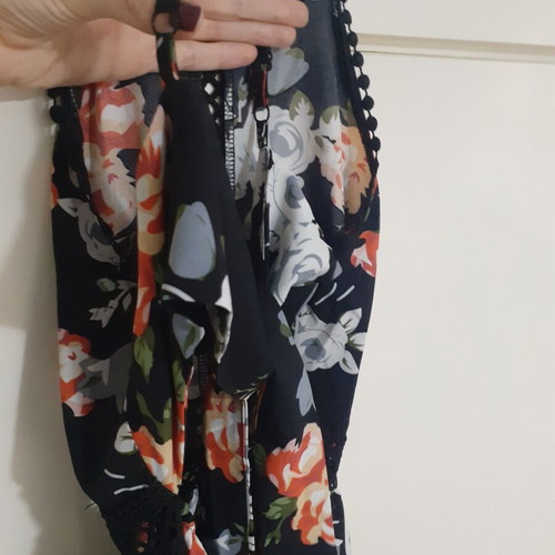 Long dress new with slit and back tie, black with floral pattern
