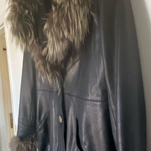 Lapel leather coat XXL with fox-type fur like new, black brown