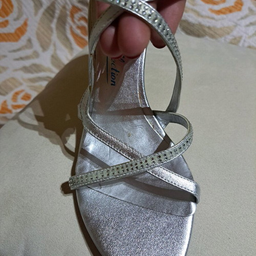 Silver sandals with rhinestones used, crisscross straps, 9 cm heel