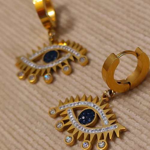 Stainless Steel Eye Earrings with Blue Iris and Zirconia, Boho Chic Glam