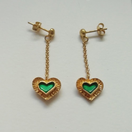 Silver handmade gold-plated heart earrings with green enamel new