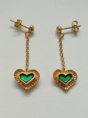 Silver handmade gold-plated heart earrings with green enamel new
