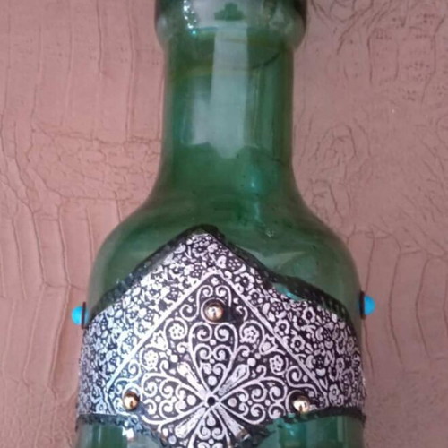 Hookah old used with green glass base and silver-plated design