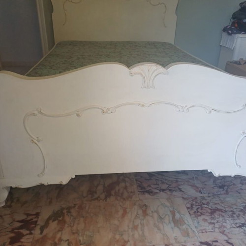 Semi-double bed with mattress used, solid wood chalk white