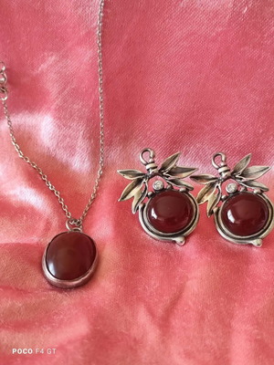 925 Silver Necklace and Earrings Set with Carnelian Stones, Like New