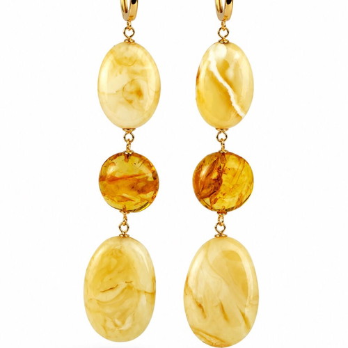 Long Amber Earrings with White Baltic Amber and 24K Gold Plated Silver