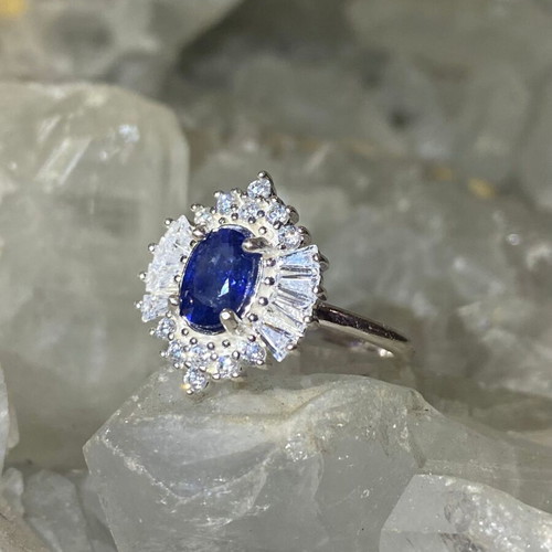 Handmade silver ring with natural blue sapphire and moissanites, new