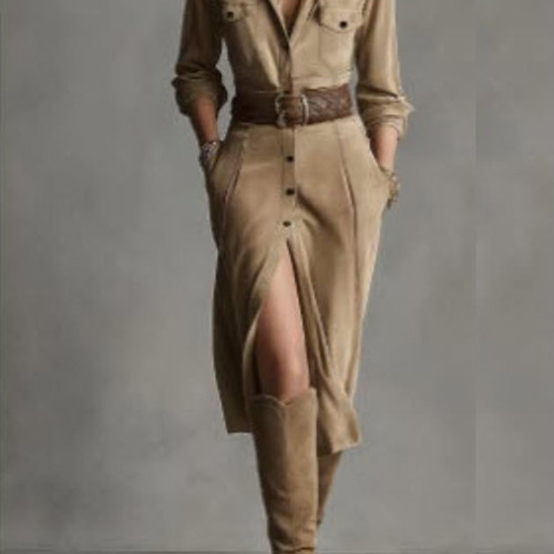 Temu women's midi dress khaki with shirt collar size S like new