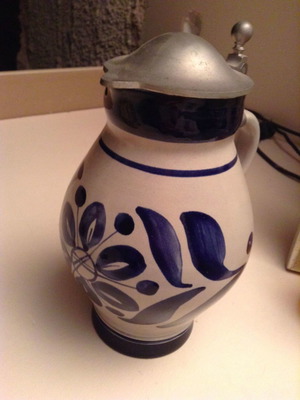 Porcelain ceramic jug used, collectible, pewter lid, hand painted