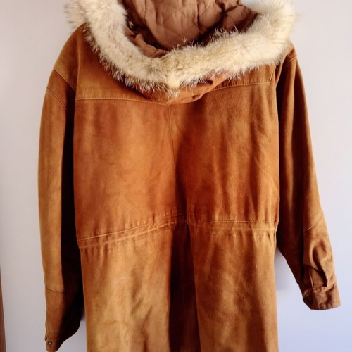 Adidas long leather jacket with fur hood, size L