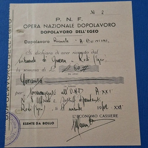 P.N.F. & Military Justice Rhodes 1942 Rare Document Set