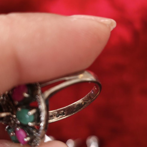 Vintage handmade 925 silver jewelry set with emeralds, rubies, sapphires & marcasite