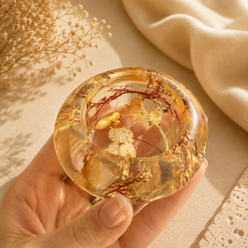 Resin Candle Holder Golden Autumn with Real Dried Flowers Handmade
