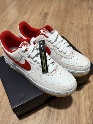 Nike Air Force 1 Low new with white leather, red Swoosh and suede panels