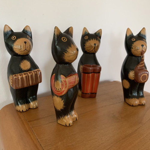 Wooden cat orchestra handmade, new, set of four figurines