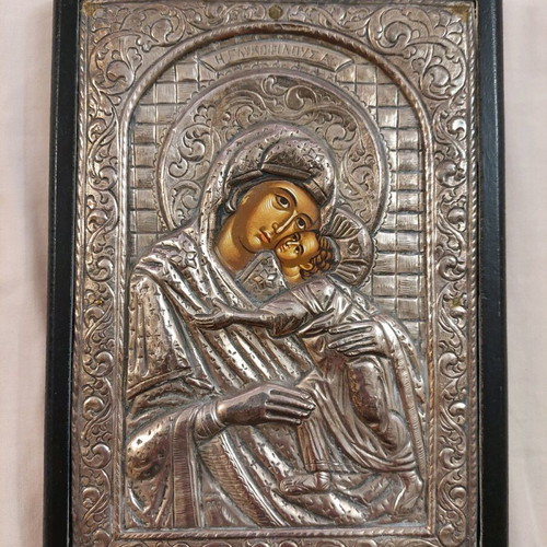 Silver icon of the Sweet-Kissing Virgin 950°, with wooden frame, like new