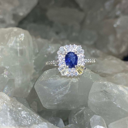 Handmade silver ring with natural blue sapphire and moissanites size 9