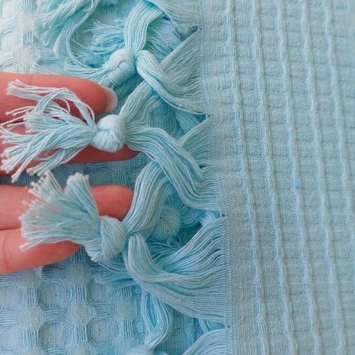 Pique double bed summer boho blanket light blue 100% cotton